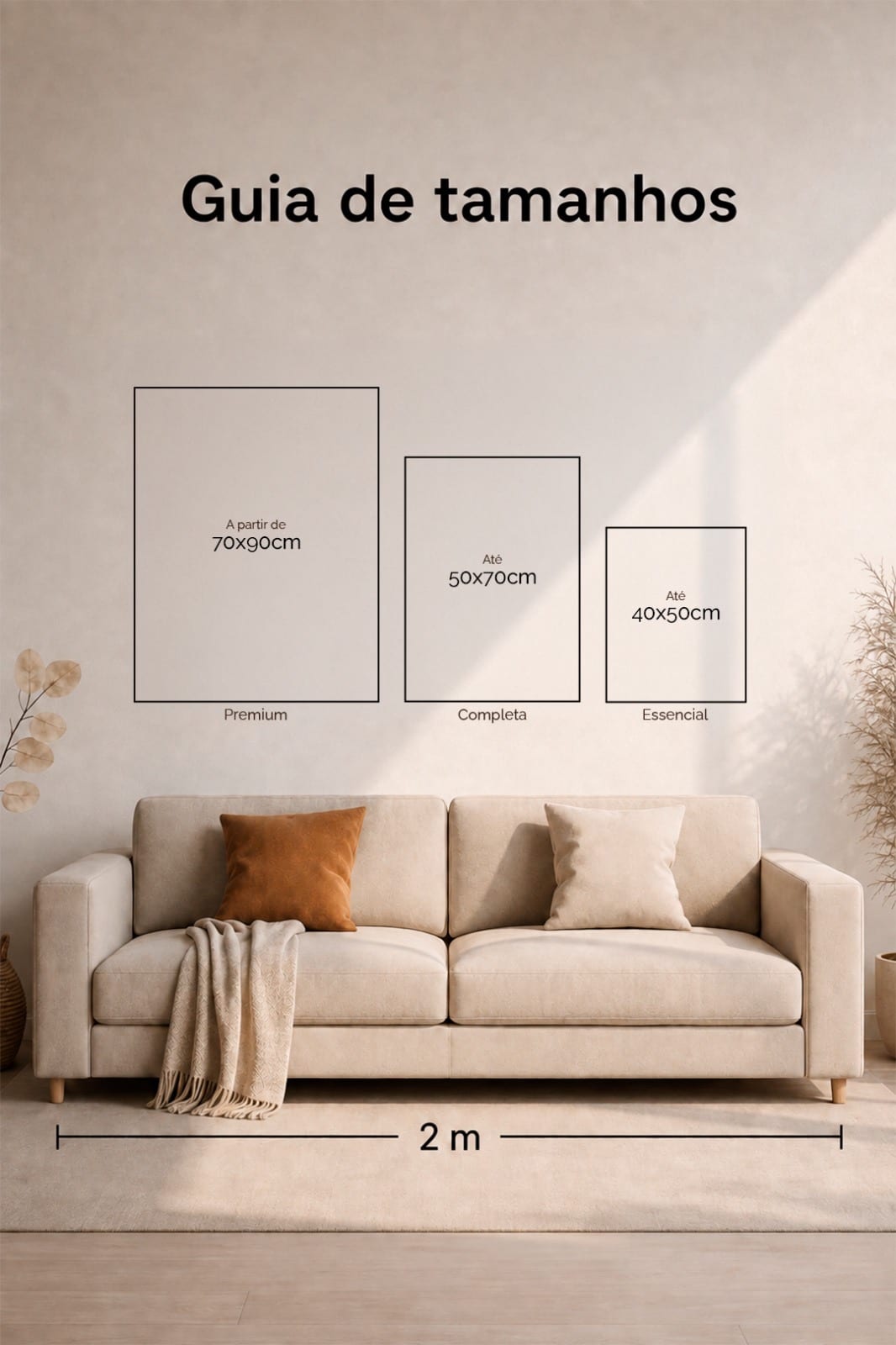 Guia de tamanhos das telas em uma parede de sala: Premium a partir de 70x90 cm, Completa até 50x70 cm e Essencial até 40x50 cm, comparadas com um sofá de dois metros